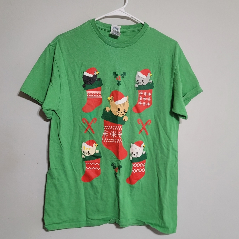 Mens Womens Ugly Christmas T-Shirt Sz Medium Cats Kittens Stockings Holidays Top